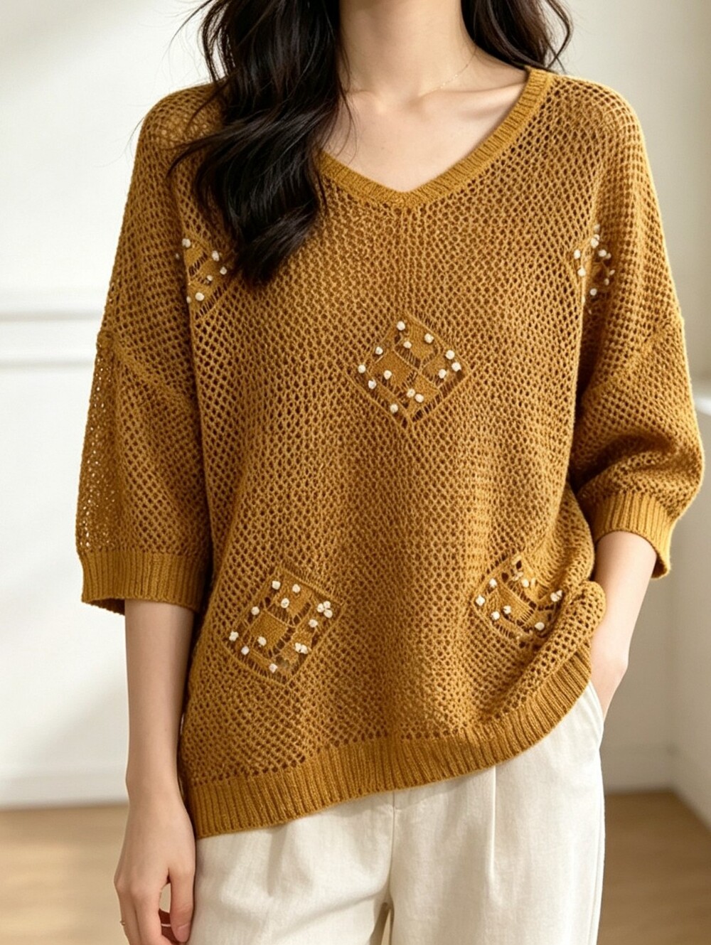 Women's Mustard Knit Sweater Summer Shirt